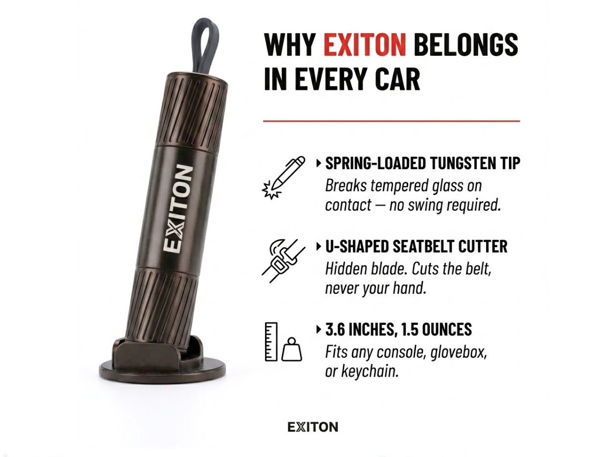 EXITON RapidExit | Car Escape Tool — Glass Breaker & Belt Cutter
