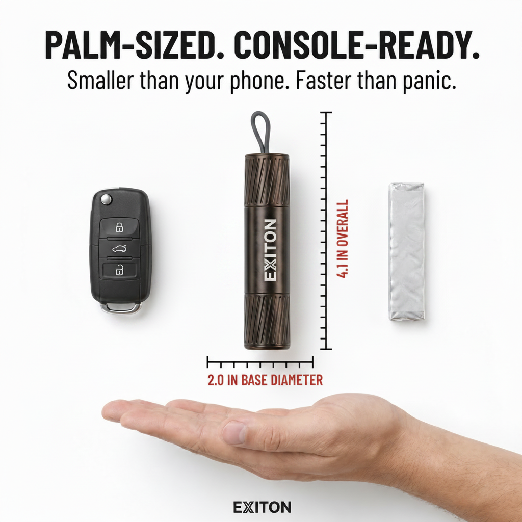 EXITON device compared to a key fob, phone case, and hand for size reference.