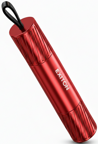 Two Exton products, one red and one black, on a white background