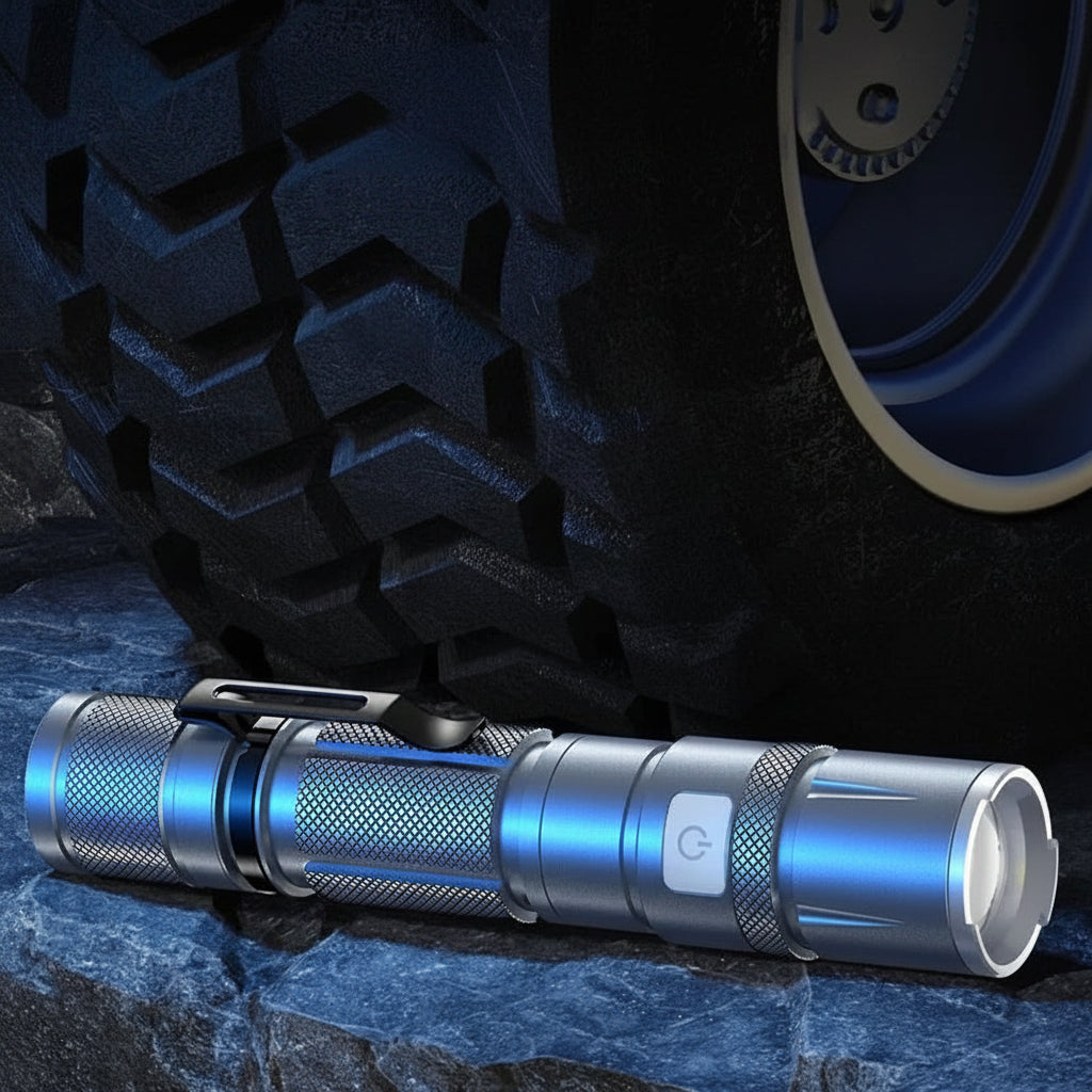 Metallic flashlight on a dark textured surface with tire in the background